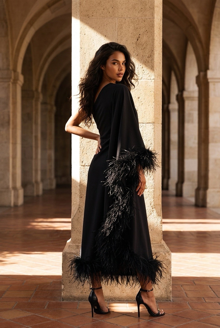 NOIR One Shoulder Minimalist Feather Dress