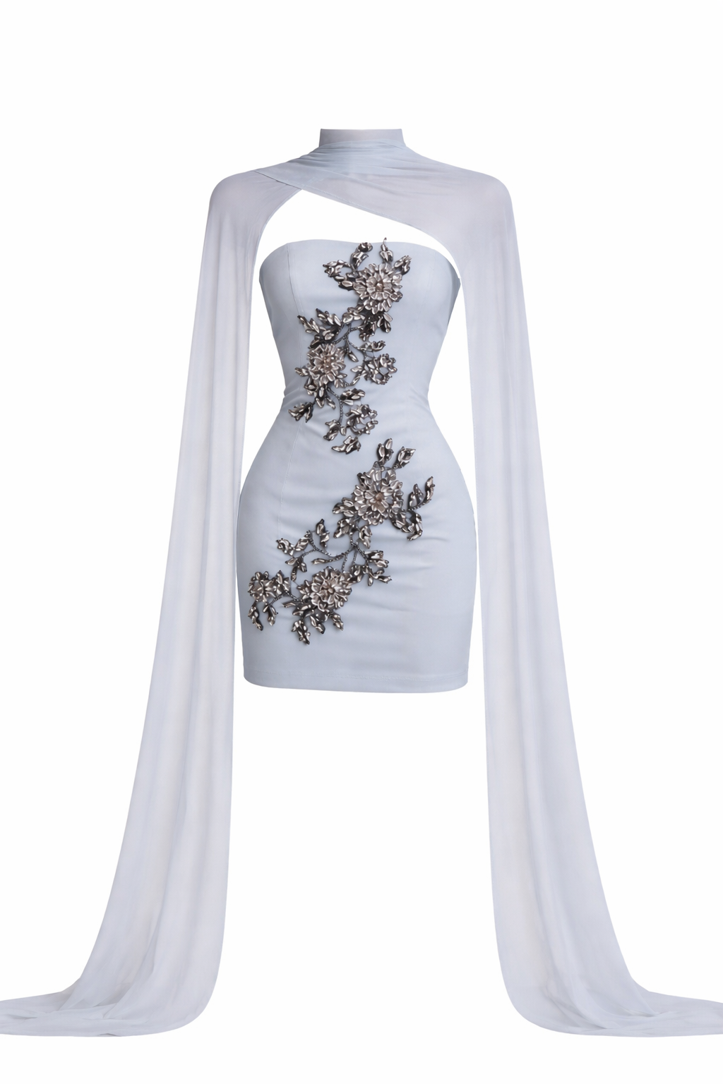 ASHLEY Silver Gray Strapless Mini Dress with Floral Appliqué