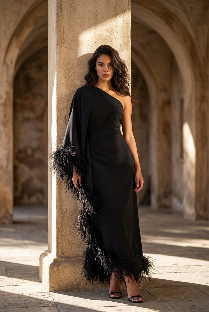 NOIR One Shoulder Minimalist Feather Dress