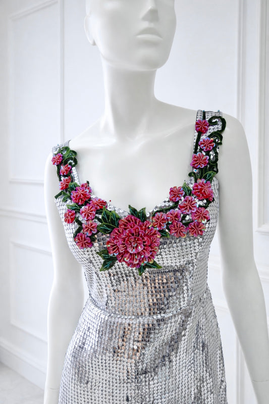 LUMIERE Silver Didco Sequin Mermaid Gown with Floral Appliqué