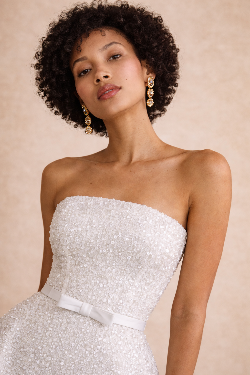 BIANCA White Strapless Bridal Wedding Mini Dress with Satin Bow Belt