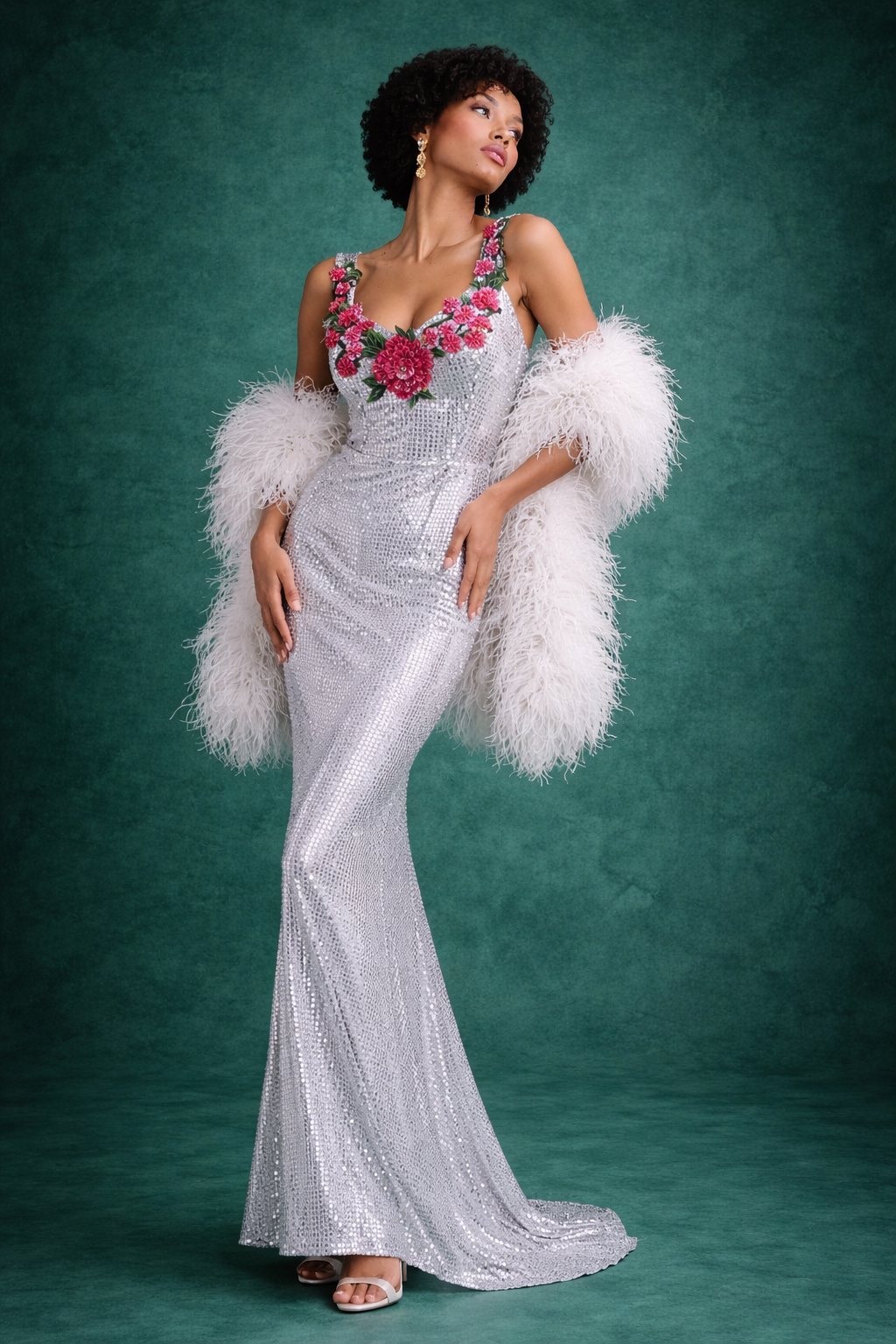 LUMIERE Silver Disco Sequin Mermaid Gown with Floral Appliqué