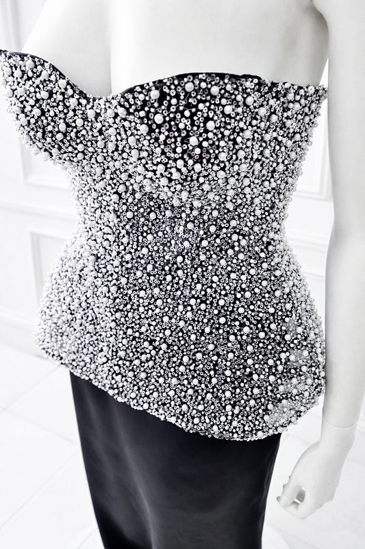 Beaded Pearl Corset Satin Maxi Skirt Set