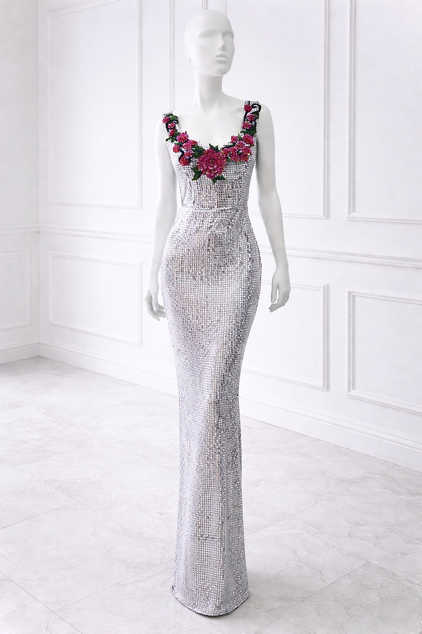 LUMIERE Silver Disco Sequin Mermaid Gown with Floral Appliqué