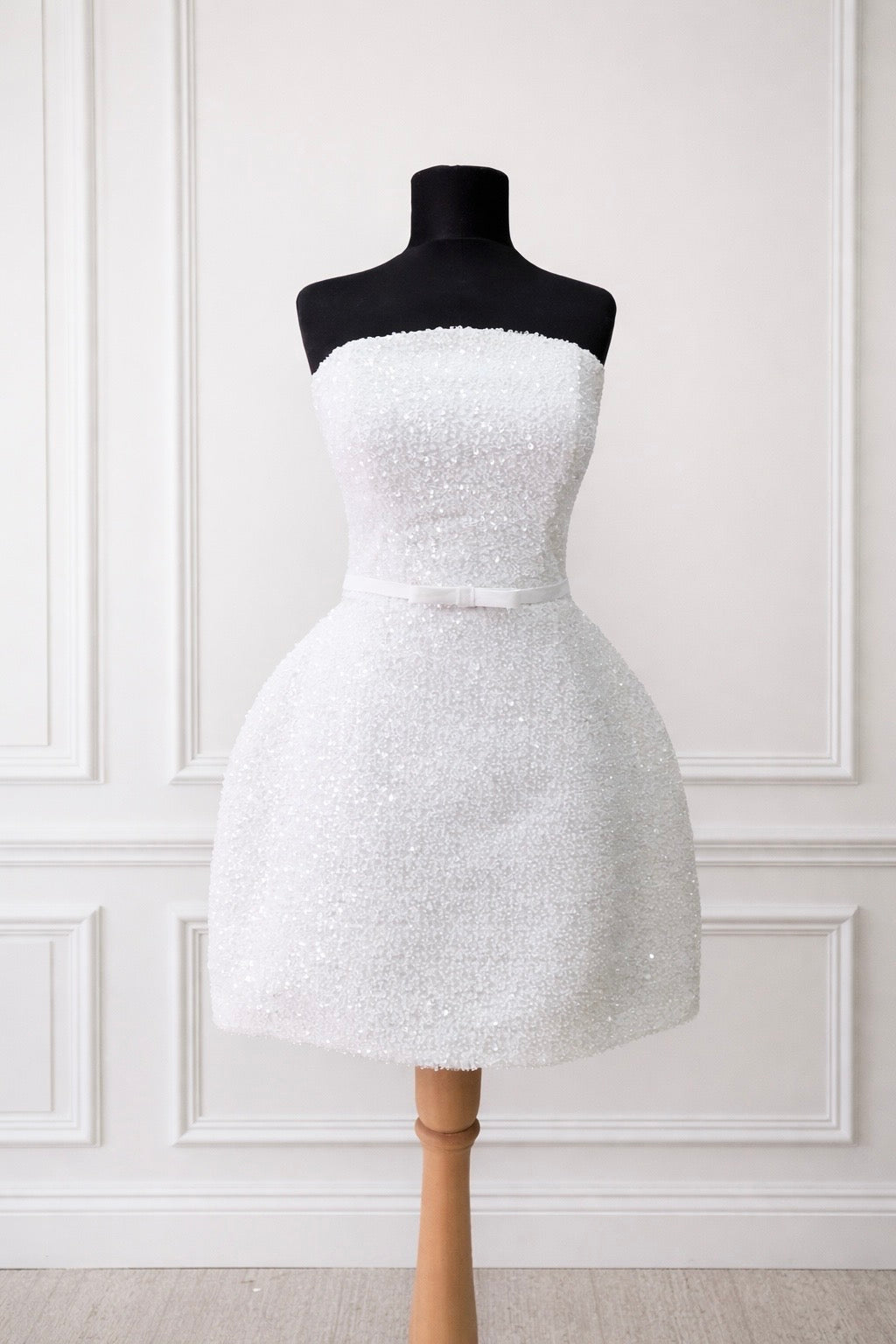 BIANCA White Strapless Bridal Wedding Mini Dress with Satin Bow Belt