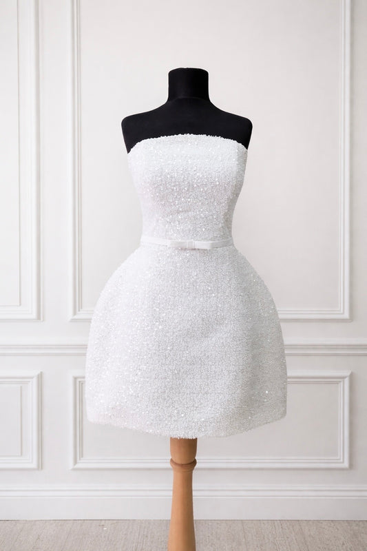 BIANCA White Strapless Bridal Wedding Mini Dress with Satin Bow Belt