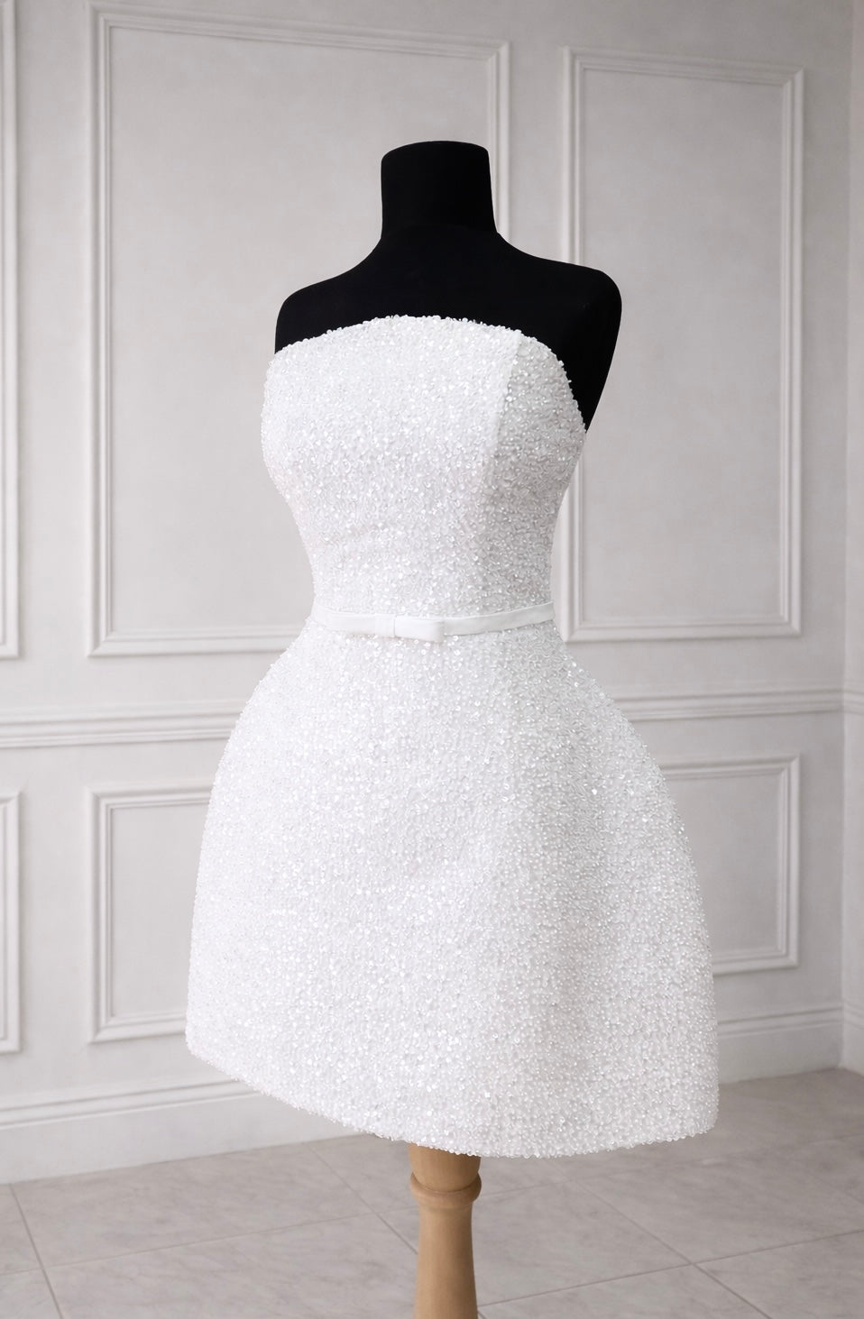 BIANCA White Strapless Bridal Wedding Mini Dress with Satin Bow Belt