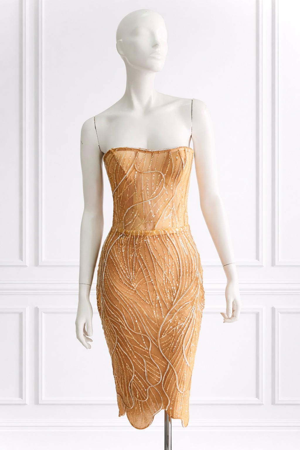 SOLLENE Gold Lace Corset Midi Dress