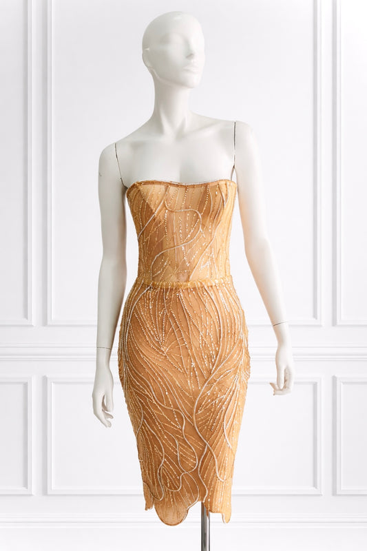SOLLENE Gold Lace Corset Midi Dress