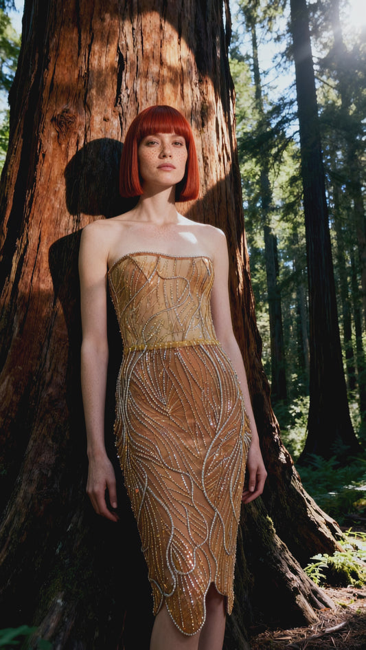 SOLLENE Gold Lace Corset Midi Dress